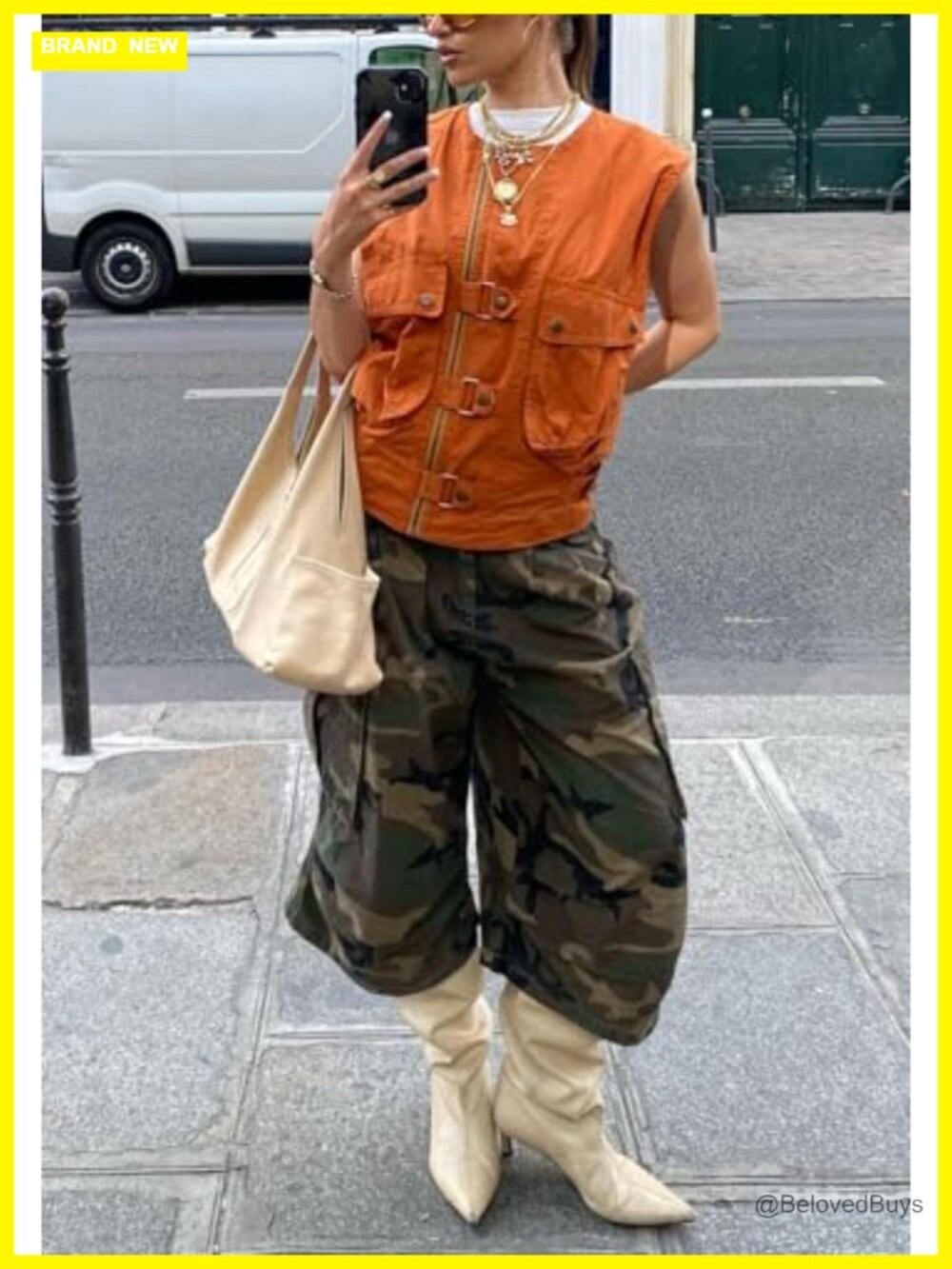 Wide Leg High Waist Cargo Crop Pants Capri Camo Denim - Picture 5 of 6